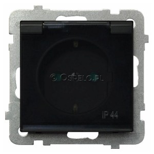 GPH-1RSP/m/33/d Gniazdo bryzgoszczelne z uziemieniem schuko IP44 z przesłonami torów prądowych, wieczko przezroczyste 16A (Zaciski śrubowe) Czarny Metalik Ospel Sonata - Widok z przodu