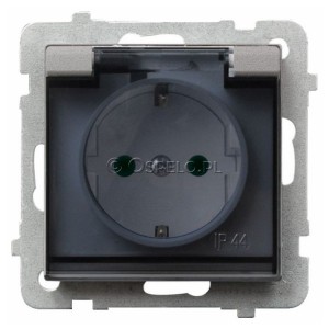GPH-1RSP/m/38/d Gniazdo bryzgoszczelne z uziemieniem schuko IP44 z przesłonami torów prądowych, wieczko przezroczyste 16A (Zaciski śrubowe) Srebro Mat Ospel Sonata - Widok z przodu