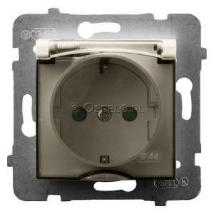 GPH-1USP/m/27/d Gniazdo bryzgoszczelne z uziemieniem Schuko IP44 i przesłonami torów prądowych, wieczko przezroczyste 16A (Zaciski śrubowe) Ecru Ospel Aria - Widok z przodu