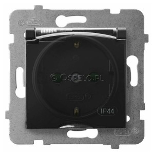GPH-1USP/m/33/d Gniazdo bryzgoszczelne z uziemieniem Schuko IP44 i przesłonami torów prądowych, wieczko przezroczyste 16A (Zaciski śrubowe) Czarny Metalik Ospel Aria - Widok z przodu