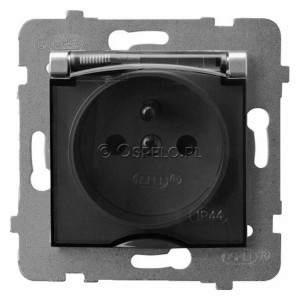 GPH-1UZ/m/18/d Gniazdo bryzgoszczelne z uziemieniem IP44, wieczko przezroczyste 16A (Zaciski śrubowe) Srebro Ospel Aria - Widok z przodu