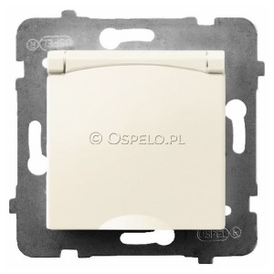 GPH-1UZ/m/27/w Gniazdo bryzgoszczelne z uziemieniem IP44, wieczko w kolorze wyrobu 16A (Zaciski śrubowe) Ecru Ospel Aria - Widok z przodu