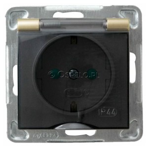 GPH-1YSP/m/28/d Gniazdo bryzgoszczelne z uziemieniem Schuko IP44 i przesłonami torów prądowych, wieczko przezroczyste 16A (Zaciski śrubowe) Złoty Metalik Ospel Impresja - Widok z przodu