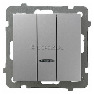 ŁP-13GS/m/18 Łącznik potrójny z podświetleniem w kolorze Niebieskim 10A (Szybkozłącza) Srebro Ospel As - Widok z przodu