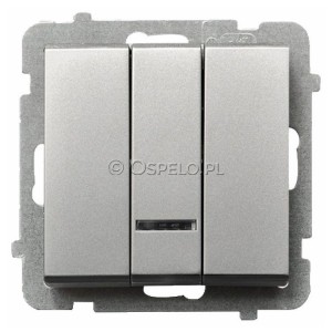 ŁP-13RS/m/38 Łącznik potrójny z podświetleniem w kolorze Niebieskim 10A (Szybkozłącza) Srebro Mat Ospel Sonata - Widok z przodu